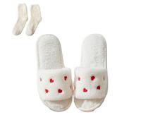Heart Plush Slippers Women Men, Winter House Slides, Cozy Fuzzy Fluffy Shoes With Socks (White, M, Adult, Women, 6, Numeric Range, UK Footwear Size System, 6.5, Medium)