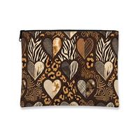 Heart Print Cosmetic Bag, Striped Horse and Leopard Pattern Makeup Pouch for Women, Portable Canvas Zipper Organizer, Travel Toiletry Bag for Everyday Use, Brown, 7x9 Inch, Hearts