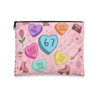 Heart Print Makeup Bag, Playful Retro Cosmetic Pouch for Women, Portable Canvas Zipper Organizer, Valentine'S Day Gift, Peach, 7x9 Inch, Heart