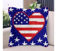 Heart-Shape American Flag DIY Latch Hook Kits Pillow with Printed Canvas Handmade Cushion Crochet Yarn Embroidery Hook and Latch Kit Pillowcase Christmas Decoration 43x43cm