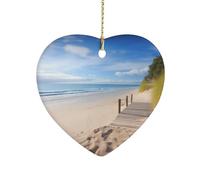 Heart Shape Ceramic Ornament, 3 Inch Beach Scenery Christmas Ornament, Xmas Tree Hanging Decorations for Christmas, New Year, Home Decor, Gift