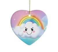 Heart Shape Ceramic Ornament, 3 Inch Cartoon Smiling Cloud Rainbow Christmas Ornament, Xmas Tree Hanging Decorations for Christmas, New Year, Home Decor, Gift