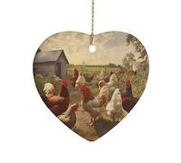 Heart Shape Ceramic Ornament, 3 Inch Chickens and Farm Christmas Ornament, Xmas Tree Hanging Decorations for Christmas, New Year, Home Decor, Gift