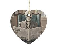 Heart Shape Ceramic Ornament, 3 Inch Skeleton Reading Newspaper Christmas Ornament, Xmas Tree Hanging Decorations for Christmas, New Year, Home Decor, Gift
