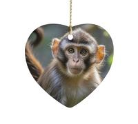 Heart Shape Christmas Ornaments 3 Inch Big Eyed Monkey Ceramic Porcelain Tree Decorations Pendant Double-Sided Hanging Ornament for Xmas Tree Home Holiday Wedding Decor
