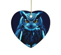 Heart Shape Christmas Ornaments 3 Inch Blue Owl Ceramic Porcelain Tree Decorations Pendant Double-Sided Hanging Ornament for Xmas Tree Home Holiday Wedding Decor