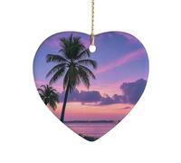 Heart Shape Christmas Ornaments 3 Inch Palm Tree Purple Sunset Ceramic Porcelain Tree Decorations Pendant Double-Sided Hanging Ornament for Xmas Tree Home Holiday Wedding Decor