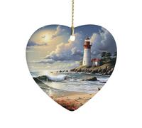 Heart Shape Christmas Ornaments 3 Inch Sea Lighthouse Sandbeach Ceramic Porcelain Tree Decorations Pendant Double-Sided Hanging Ornament for Xmas Tree Home Holiday Wedding Decor