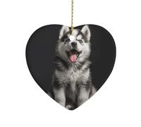 Heart Shape Christmas Ornaments 3 Inch Smiling Little Dog Ceramic Porcelain Tree Decorations Pendant Double-Sided Hanging Ornament for Xmas Tree Home Holiday Wedding Decor