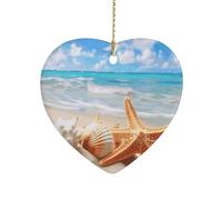 Heart Shape Christmas Ornaments 3 Inch Starfish Seashell Ocean Beach Ceramic Porcelain Tree Decorations Pendant Double-Sided Hanging Ornament for Xmas Tree Home Holiday Wedding Decor