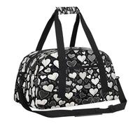 Heart Shape Kids Overnighter Duffel Bags for Boys, Carry-On Size Sports Gym Bag with Front Zipper Pocket for School Practice or Overnight Travel Weekender Sleepover Tote Bag, Black White Heart Love