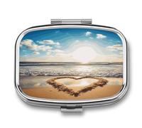 Heart Shape Romantic Beach Pill Box 2 Compartment Small Square Pills Case Portable for Pocket Pill Organizer Travel Metal Pill Holder for Office Home Vitamin Medicine Fish Oil