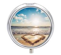 Heart Shape Romantic Beach Pill Box Medicine Pill Organizer 3 Compartment Daily Pill Case Small Pill Container Round Pill Holder Travel Pill Box Metal Pill Case for Purse Pocket