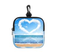 Heart Shape Romantic Beach Square Zipper Pouch with All-Over Print,Waterproof Rubber-Fabric, Lightweight Durable Small Organizer Bag for Coins, Cards, Keys