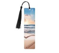 Heart Shape Romantic Beach Wooden Bookmarks 5 Pcs,Handmade Double-Sided Printed Book Marks Page Markers with Black Tassels Book Accessories Gift for Book Lovers Women Men