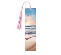 Heart Shape Romantic Beach Wooden Bookmarks 5 Pcs,Handmade Double-Sided Printed Book Marks Page Markers with Pink Tassels Book Accessories Gift for Book Lovers Women Men