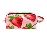 Heart Shape Strawberry with Green Leaves on Pink Women Cosmetic Bag Beauty Bag, Portable Hanging Travel Toiletry Bag, Leather Make Up Pouch Kids Pencil Case