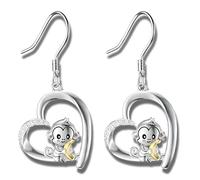 Heart-Shaped Animal Dangle Earrings, Monkey and Koala, Stainless Steel with Rhinestones, Banana Charm, Birthday or Party Gift, .7 inch, Metal, Cubic Zirconia
