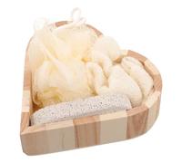 Heart-Shaped Bath Scrubbing Set with Wooden Tray, 20g | Pe Ball, Sponge Block and Pumice Stone, Loofah Section, Reusable Hand-held Kit for Exfoliation