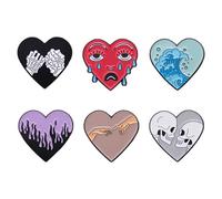 Heart Shaped Brooch Pins Set - Creative Lapel Pin Badge Collection with Skeleton, Red Crying Face, Ocean Wave, Purple Flame, Artistic Hands, and Skull Couple - Alloy Blouse Pins for Jackets & Accessor