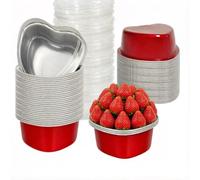 Heart Shaped Cake Pans for Baking, 15 Sets Aluminum Cupcake Cups with Lids, 100 ml/ 3.5 Ounces Red Disposable Mini Foil Pans for Valentine's Day Wedding Parties (15)