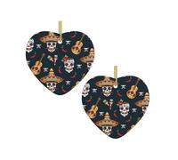 Heart Shaped Ceramic Christmas Tree Pendants, Personalized Christmas Ornaments, Mexican Skull Prints, Family Christmas Ornaments