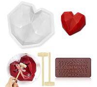 Heart Shaped Chocolate Mold, Diamond Heart Mousse Cake Mold Trays Silicone Chocolate Dessert Baking Pan with 2 Pieces Wooden Hammers