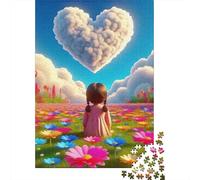 Heart Shaped Cloud 1000 Piece Jigsaw Puzzle for Adults Paper Girl in Flower Field Puzzle Game for Family Relaxation Gift 38x26cm/1000pcs