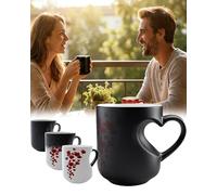Heart Shaped Color Changing Ceramic Mug, Magic Heat Sensitive Reveal Coffee Cup with Heart Handle, Romantic Color-Changing Love Mug for Anniversary, Birthday (1, Black)