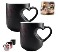 Heart-Shaped Color Changing Magic Ceramic Mug, 11oz Heat Sensitive Thermochromic Coffee Cup,That Reveals Surprise Design When Filled with Hot Beverage for Giving to Your Partner (Black*2pcs)