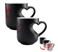Heart-Shaped Color Changing Magic Ceramic Mug Funny Color Changing Coffee Cup with Handle That Reveals Surprise Design When Filled with Hot Beverage Romantic Gift for Couples (2pc)