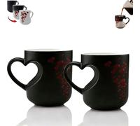 Heart-Shaped Color Changing Magic Ceramic Mug, Heart Handle Heat Sensitive Magic Color Changing Coffee Mug, Valentine Themed Heart Ceramic Coffee Cup with Red Hearts Desgin, Romantic Gifts (2PCS)