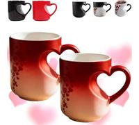 Heart-Shaped Color Changing Magic Ceramic Mug, Thermochromic Magic Reveal Design with Fun Reveal Pattern, Heart Shaped Handle Ceramic Coffee Cup Romantic Gift for Couples (2PCS*Red)