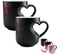 Heart-Shaped Color Changing Mug,Valentines Mug,Colour Changing Heart Mug with Handle,Heat Sensitive Coffee Mug with Red Heart Design,Valentine Hearts Shaped Coffee Cup for Couples (2PC)