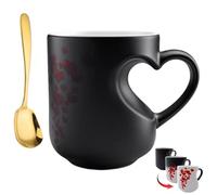 Heart-Shaped Color Changing Mug,Valentines Mug,Colour Changing Heart Mug with Handle,Heat Sensitive Coffee Mug with Red Heart Design,Valentine Hearts Shaped Coffee Cup for Couples (1PC, with Spoon A)
