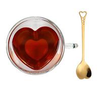 Heart Shaped Cup - Double Walled Insulated Glass Coffee Mug or Tea Cup - Double Wall Glass 10oz (300ml) - Clear - Unique & Insulated with Handle - With Teaspoon