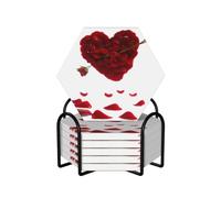 Heart Shaped Floral Petals 6-Piece Set Of Ceramic Coasters Fully Printed Non-Slip Absorbent Coasters, Made Of Environmentally-Friendly And Safe Ceramic Materials, Equipped With Metal Storage Racks