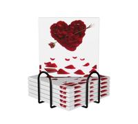 Heart Shaped Floral Petals 6-Piece Set Of Ceramic Coasters Fully Printed Non-Slip Absorbent Coasters, Made Of Environmentally-Friendly And Safe Ceramic Materials, Equipped With Metal Storage Racks