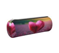 Heart Shaped Flower Printed Cylindrical Leather Pencil Case for Girls Boys, Silver Zipper Pencil Bag Pen Pouch Organizer for Student School Office College