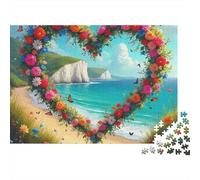 Heart Shaped Flower Wreath Coastal Scene 1000 Piece Jigsaw Puzzle for Adults 52x38cm/1000pcs
