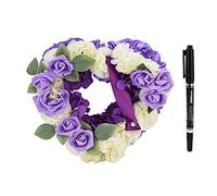 Heart Shaped Garland Wreath, Artificial Heart Flower Wreath Silky Flowers Garland Funeral Floral Arrangements with Ribbon Pen for Coffin Grave Halls Decoration (Purple)