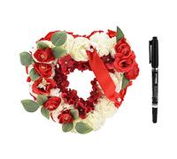 Heart Shaped Garland Wreath, Artificial Heart Flower Wreath Silky Flowers Garland Funeral Floral Arrangements with Ribbon Pen for Coffin Grave Halls Decoration (Red)