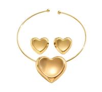 Heart-Shaped Gold Tone Jewellery Set, Choker Necklace and Earrings, Geometric Design, 14 cm Collar, 37.5 Centimeters, Metal, Aventurine
