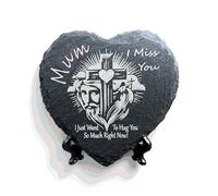 Heart-Shaped Jesus Cross Memorial Stone 11cm x 11cm, Free Stand, Natural Handcrafted Stone, 9 Variations for Each Family Member, Rememberence Keepsake Plaque (Mum)