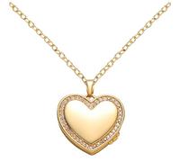 Heart Shaped Locket Necklace, 18K Gold Plated Photo Pendant, Sparkling Cubic Zirconia, Love Memory Keepsake, Hidden Photo Space, Long Lasting Finish, Customizable Engraving Promise Necklace for Women