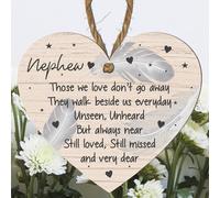 Heart-Shaped MDF Wood Nephew Memorial Plaque - 'Those We Love Don’t Go Away' Sentimental Keepsake for Grieving - Feather and Heart Design with Comforting Message (Medium: 15 cm (H) × 13 cm (W))