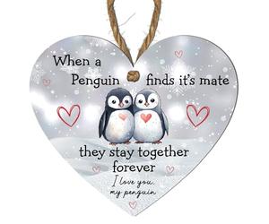 Heart-Shaped Penguin Love Plaque - "When a Penguin Finds Its Mate" - Romantic Christmas Hanging Decoration, Cute for Couples, Winter Holiday Decor