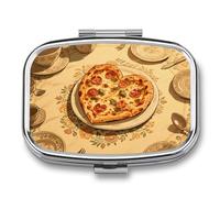 Heart Shaped Pizza Pill Box - 2 Compartment Travel Pill Organizer with Small Mirror, Portable Pillcase for Pocket & Purse, Cute Square Medicine Case, Weekly Medicine Container