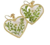 Heart Shaped Pressed White Flower Dangle Earrings Resin Faux Gold Detail