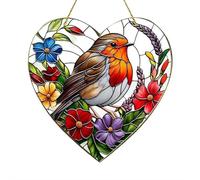 Heart Shaped Robin Bird Suncatcher,Stained Glass Design,Acrylic Robins Window Decor,Light - Reflecting Effect,Stained Glass Cardinal Sun Catcher,Hanging Bird Ornament,Symbol of Hope and Rebirth